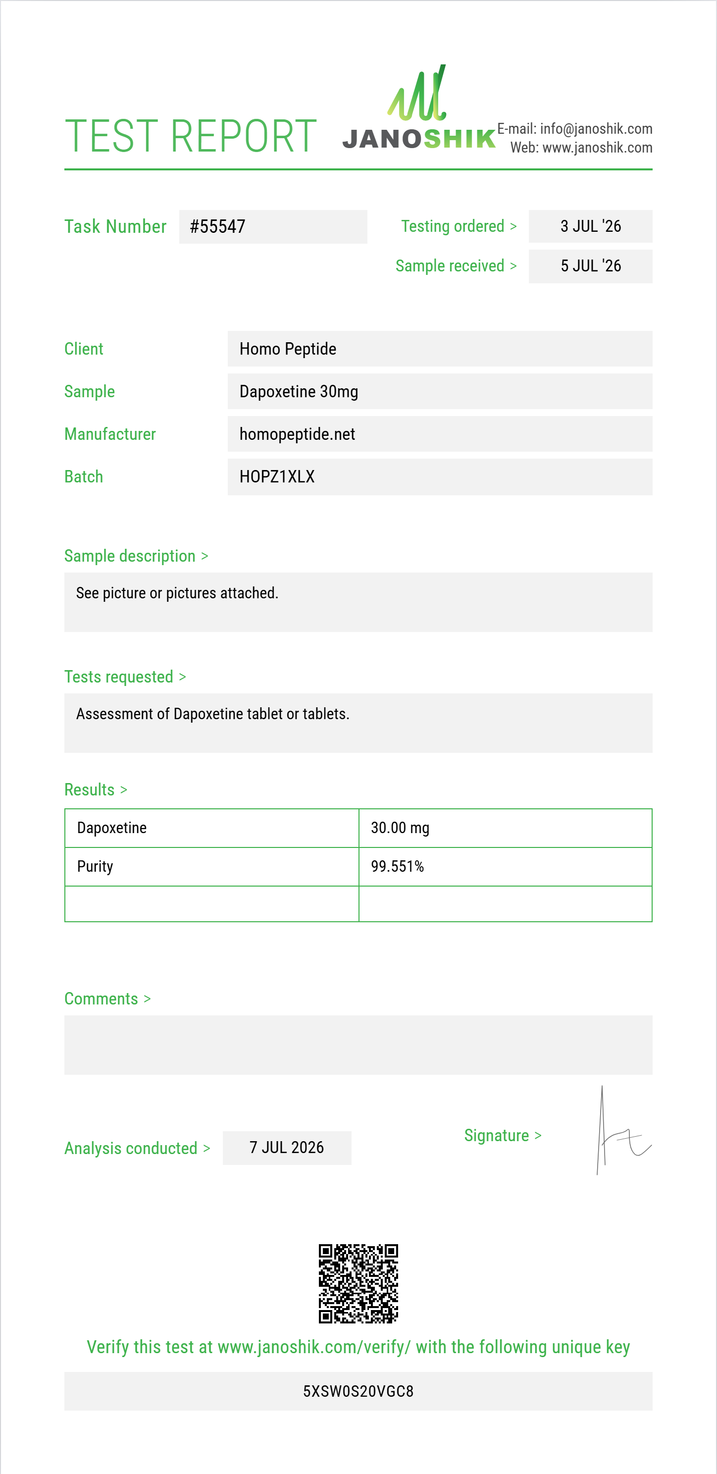 Dapoxetine Purity (HPLC) report by Janoshik Analytical