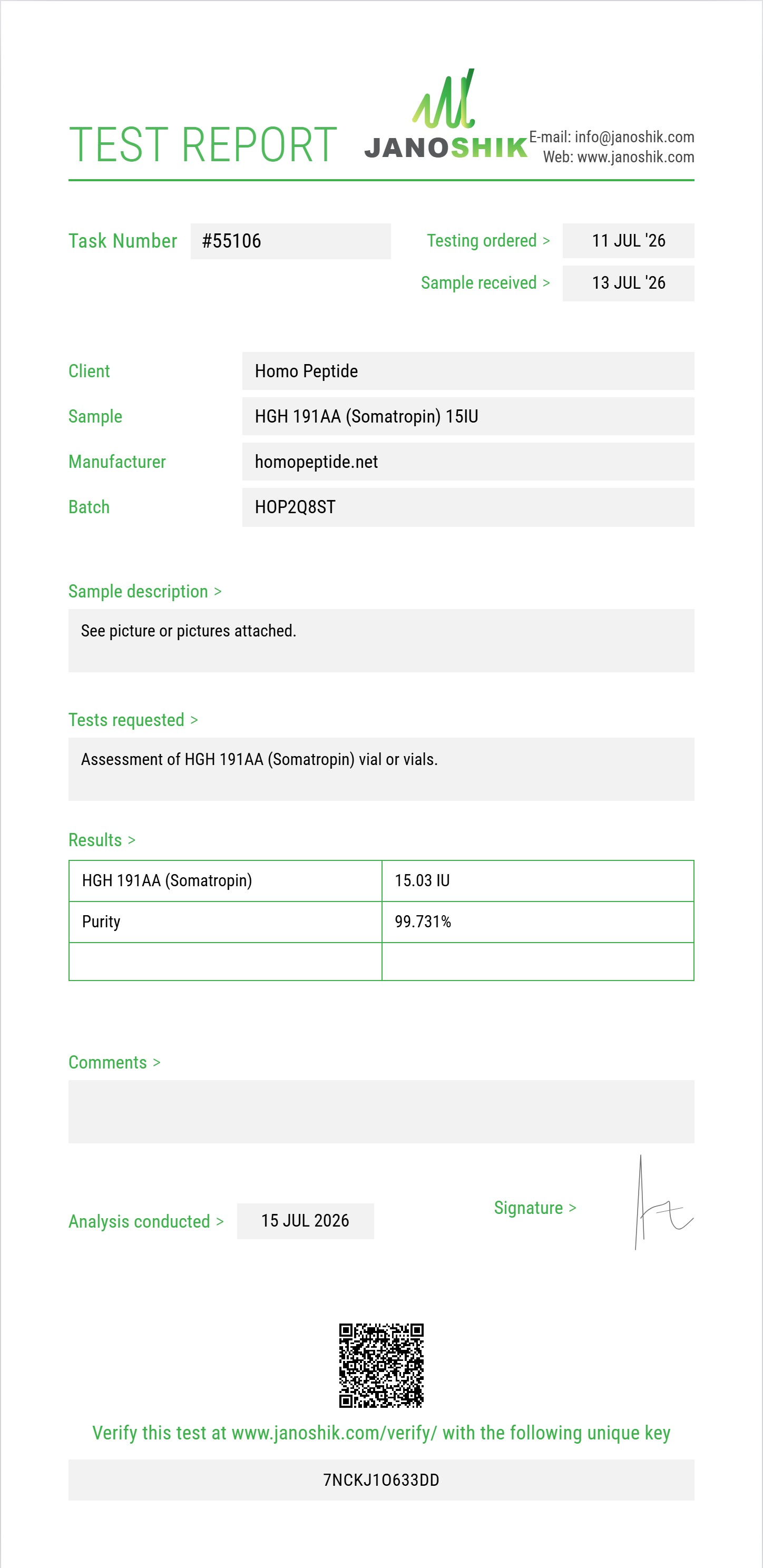 HGH 191AA (Somatropin) Purity (HPLC) report by Janoshik Analytical