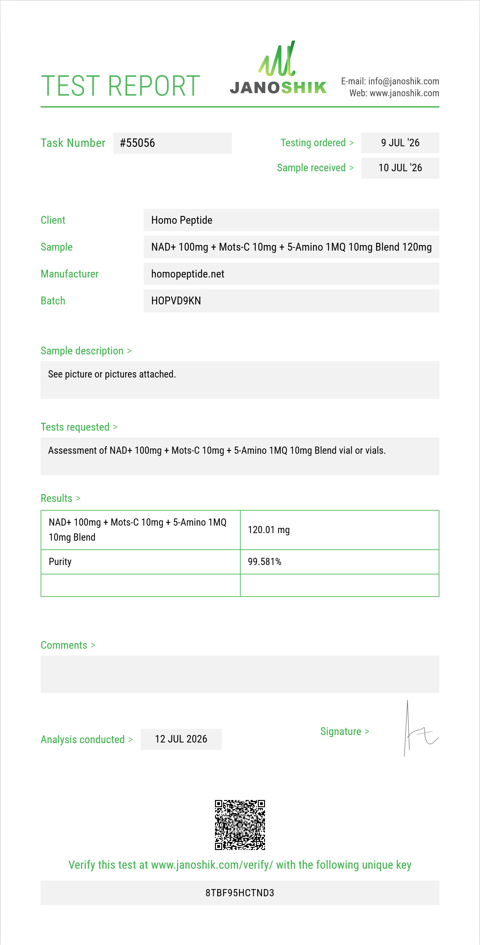 NAD+ 100mg + Mots-C 10mg + 5-Amino 1MQ 10mg Blend Purity (HPLC) report by Janoshik Analytical