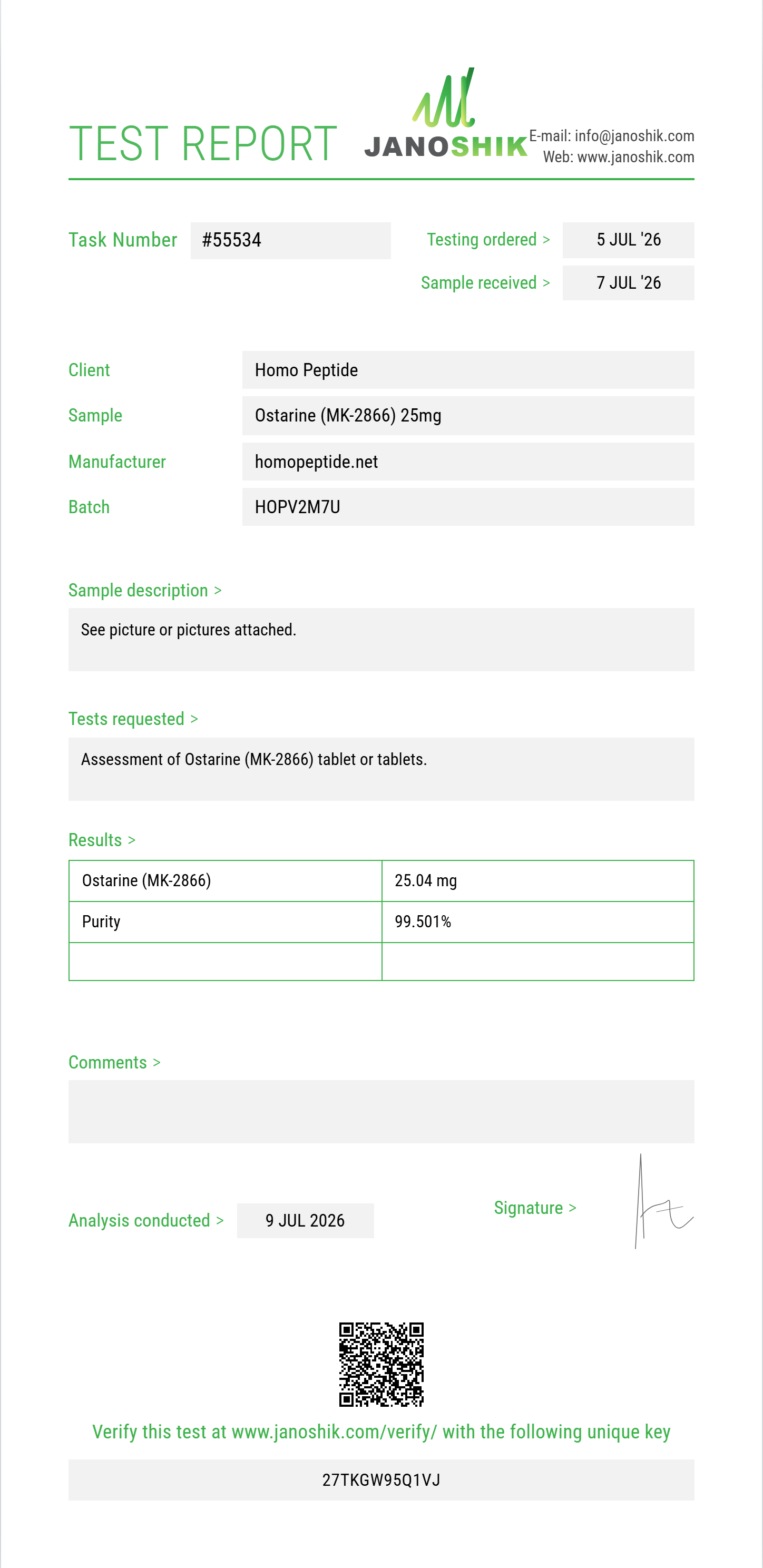 Ostarine (MK-2866) Purity (HPLC) report by Janoshik Analytical