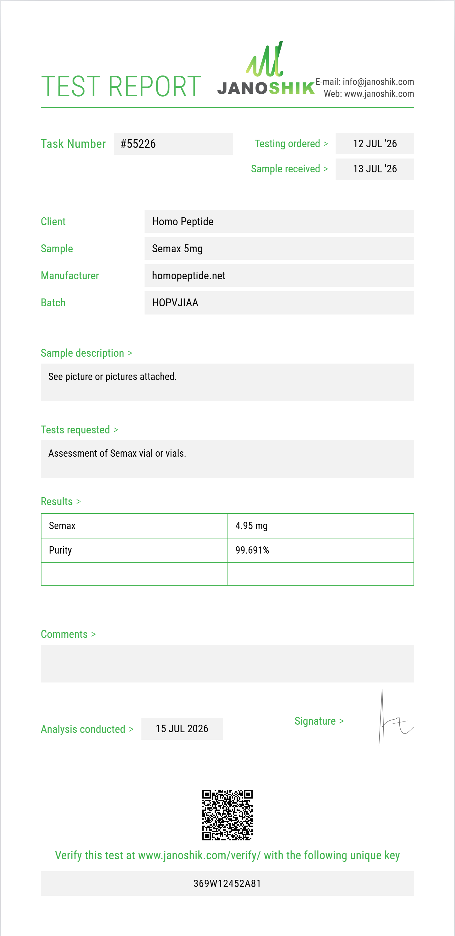 Semax Purity (HPLC) report by Janoshik Analytical