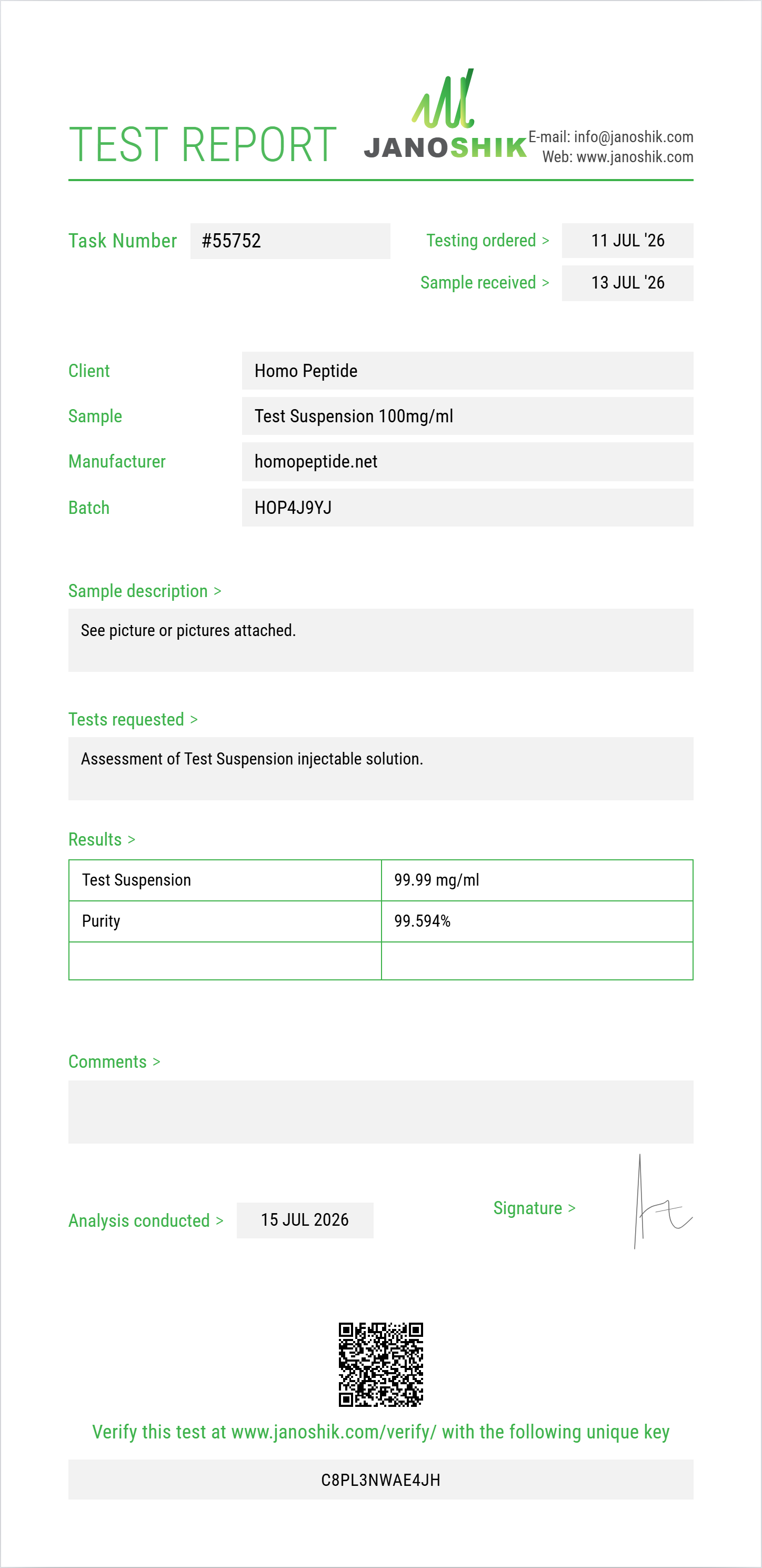 Test Suspension Purity (HPLC) report by Janoshik Analytical