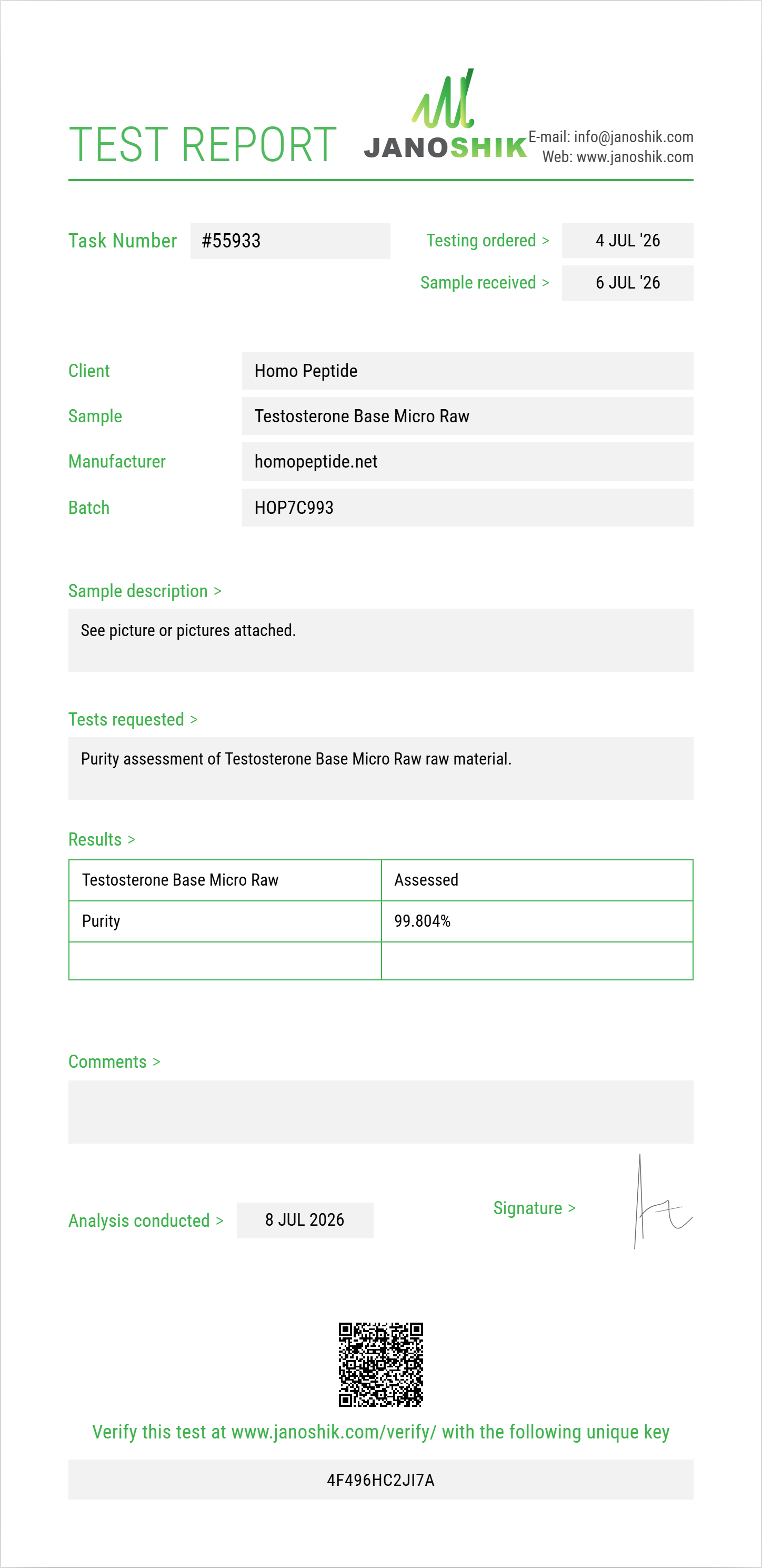 Testosterone Base Micro Raw Purity (HPLC) report by Janoshik Analytical