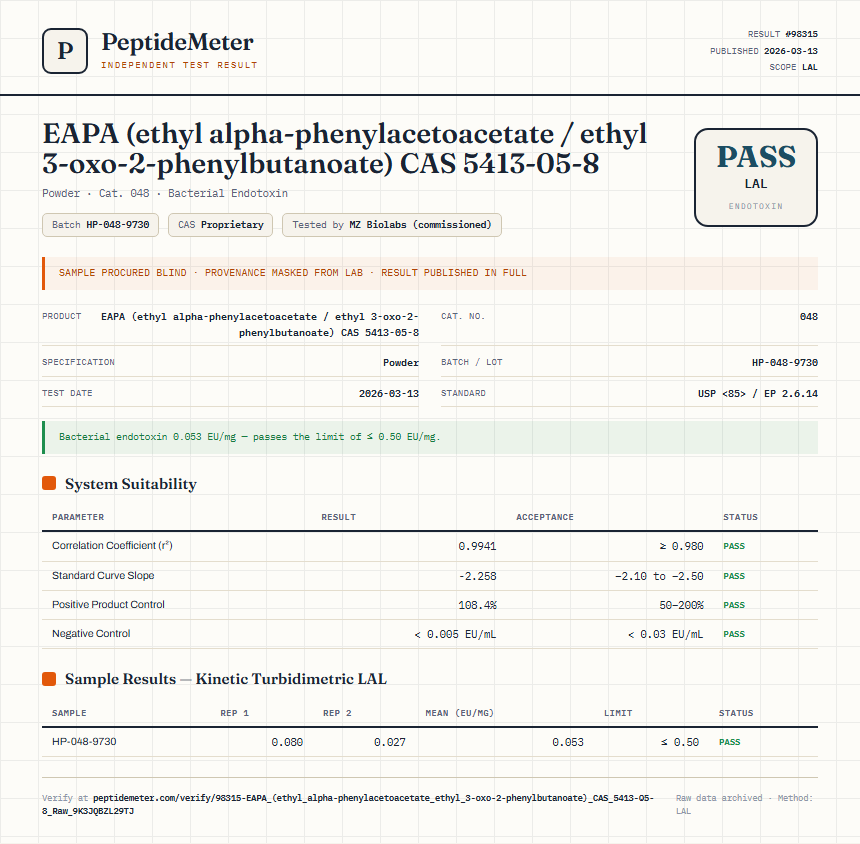 EAPA (ethyl alpha-phenylacetoacetate / ethyl 3-oxo-2-phenylbutanoate) CAS 5413-05-8 Endotoxin report by PeptideMeter
