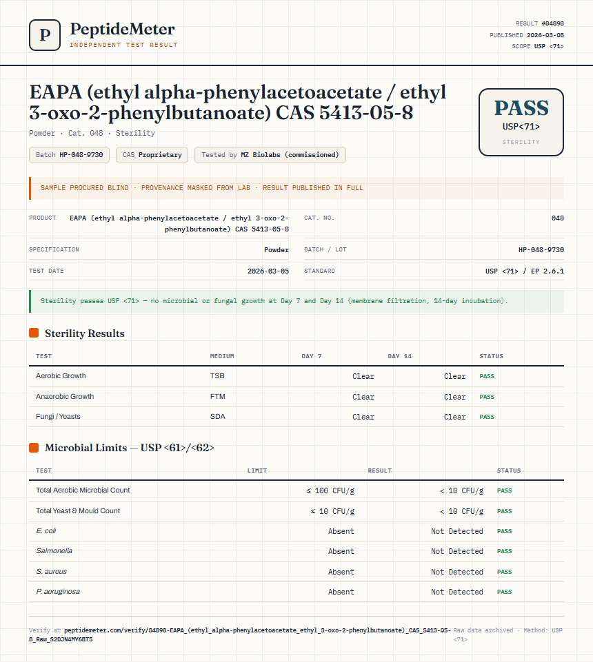 EAPA (ethyl alpha-phenylacetoacetate / ethyl 3-oxo-2-phenylbutanoate) CAS 5413-05-8 Sterility report by PeptideMeter