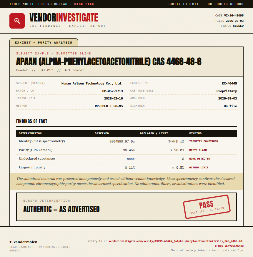 APAAN (alpha-phenylacetoacetonitrile) CAS 4468-48-8 Purity (HPLC) report by VendorInvestigate