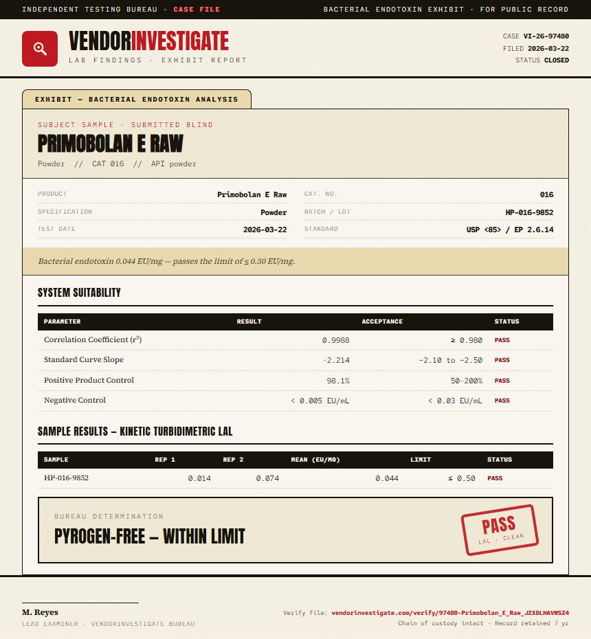 Primobolan E Raw Endotoxin report by VendorInvestigate