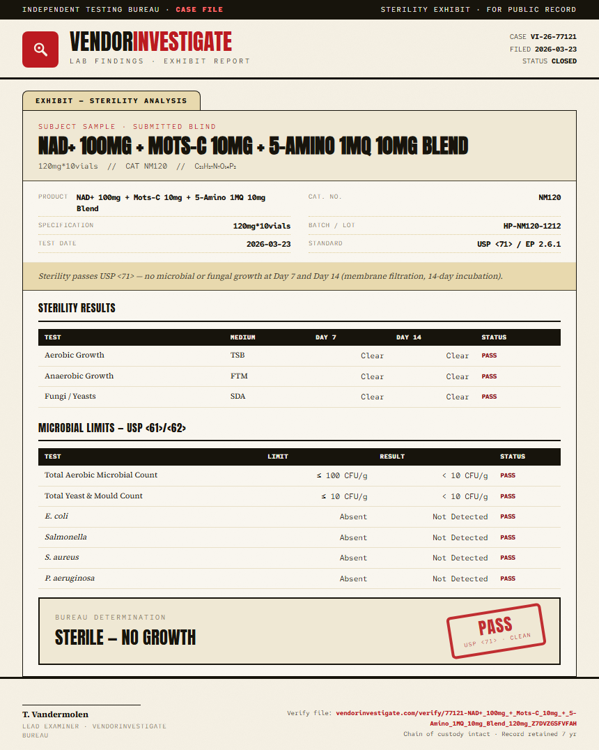 NAD+ 100mg + Mots-C 10mg + 5-Amino 1MQ 10mg Blend Sterility report by VendorInvestigate